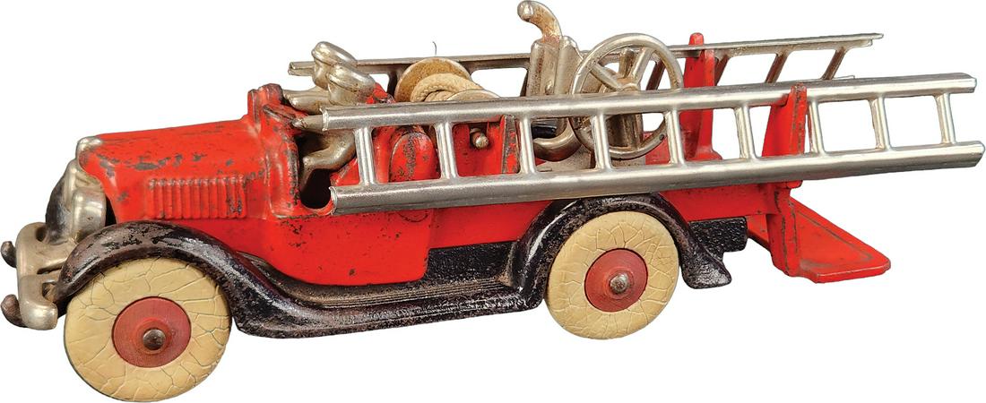 HUBLEY AERIAL LADDER FIRE TRUCK: 1278. HUBLEY AERIAL LADDER FIRE TRUCK | 12" l. | Rear platform is reattached to frame, (Very Good Condition) | $150 - $300