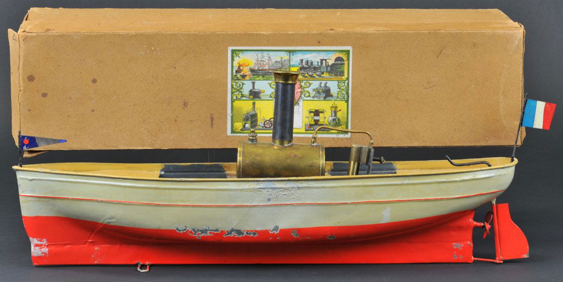 FALK BOXED STEAM LAUNCH: #193 Germany, hull hand painted in grey and red, deck done in brown, features horizontal brass boiler at center, tall black stack, very early example from 1900's, box lid has graphic image of steam to