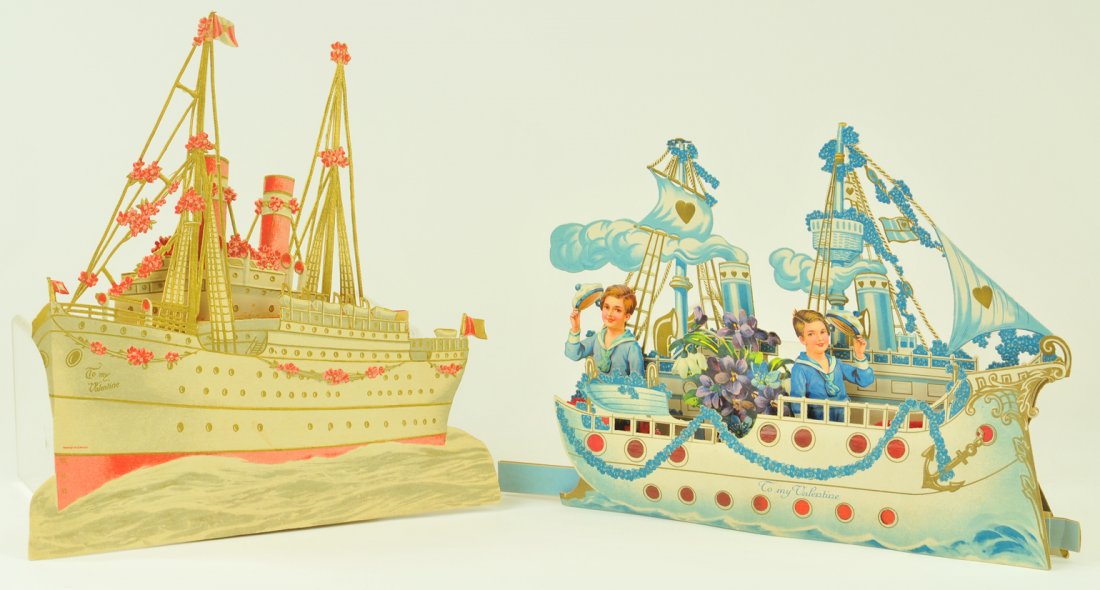 LOT OF TWO NAUTICAL VALENTINE CARDS: Germany, both very ornate and colorful, features children waving from ship and tall liner in red, both have crepe paper fold out interiors for a true 3-D appearance. 10 1/2" -12" long.