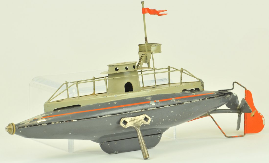 BING SUBMARINE: #155/191 Germany, c.1912, hand painted in grey, extensive detail to conn with mast and observation deck, fully railed deck, bow cap unscrews for clockwork wind, upper deck done in light grey. 11 1/2"