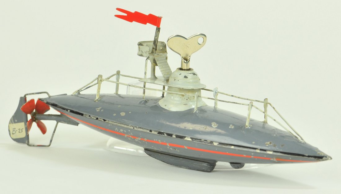 BING SUBMARINE: #155/190 Germany, c.1912-1920's, clockwork powered toy sub, painted in grey overall, railed deck, conn has clockwork key wind, stairs to observation deck. 9" long.