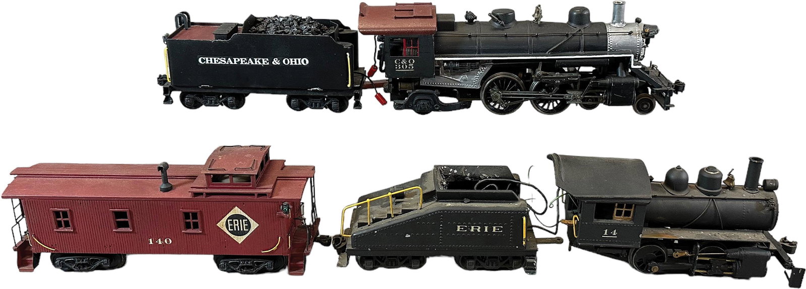 THOMAS INDUSTRIES SWITCHER AND BRASS LOCO W/ CABOO: 143. THOMAS INDUSTRIES SWITCHER AND BRASS LOCO W/ CABOO | 0 scale. | 11" l. loco. | (Excellent Condition) | $200 - $400