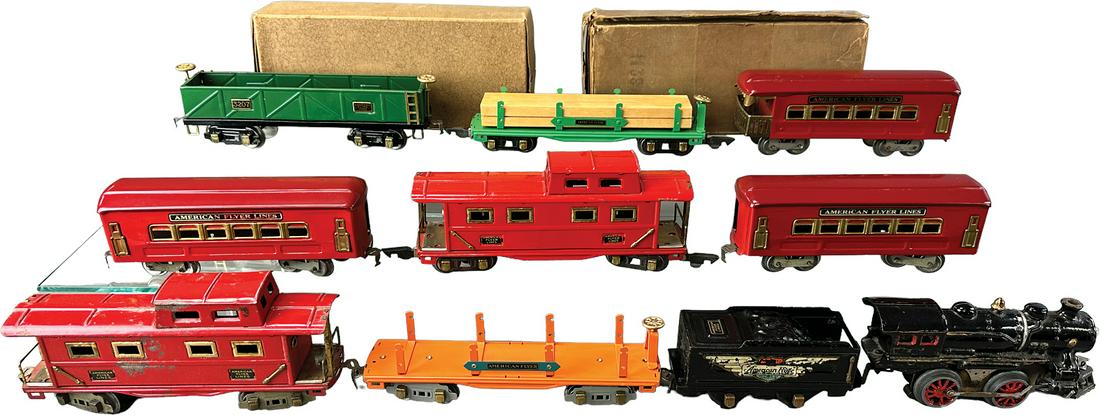 PREWAR AMERICAN FLYER LOT: 297. PREWAR AMERICAN FLYER LOT | USA. 0 gauge, electric. | Loco 7.5" l. | Passenger cars and three freight cars restored, others in(Very Good to Excellent Condition) | $200 - $400