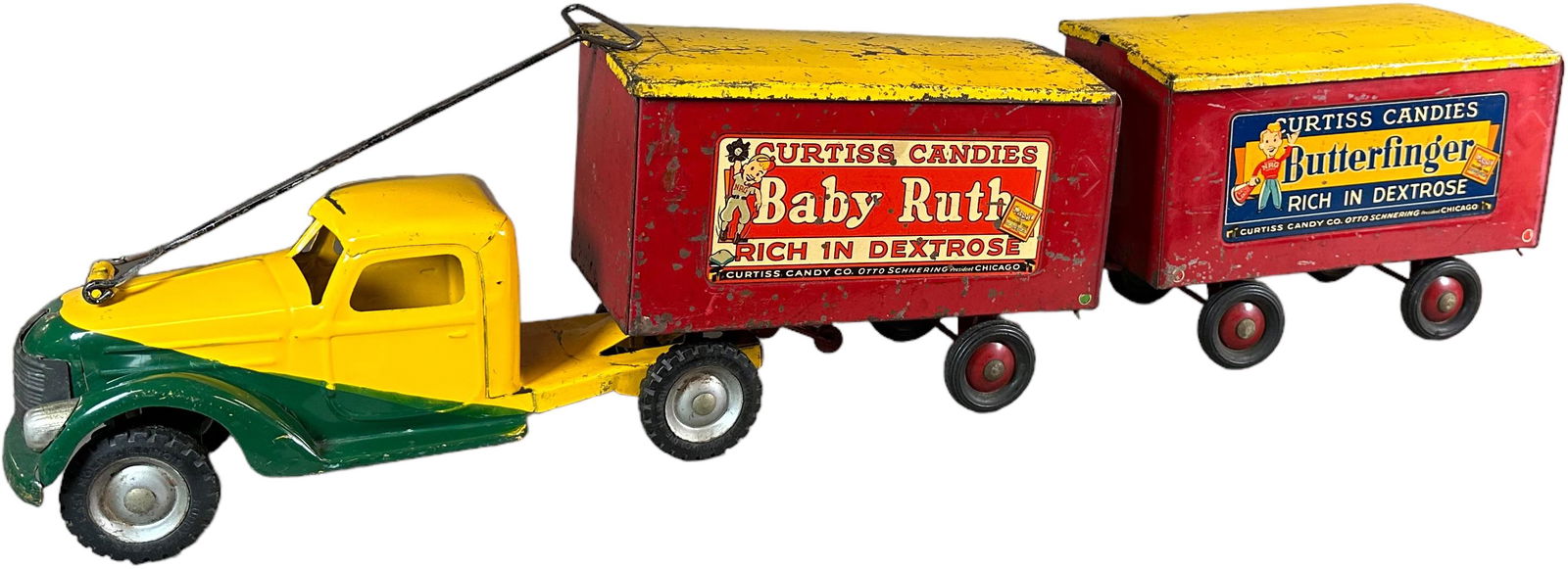 BUDDY L BUTTERFINGER & BABY RUTH TRAILER TRUCK: 348. BUDDY L BUTTERFINGER & BABY RUTH TRAILER TRUCK | 37" l. total | Mismatched set, though paint is original in (Excellent Condition) | $250 - $500