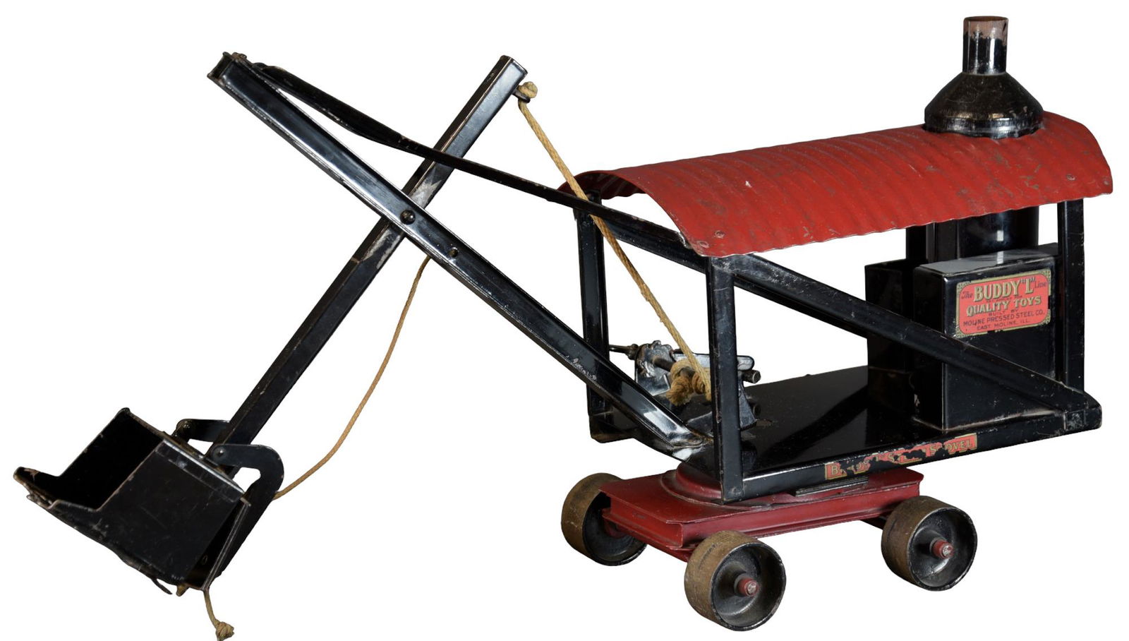 BUDDY L STEAM SHOVEL: 398. BUDDY L STEAM SHOVEL | 9.5" l. | Reds on roof repainted, otherwise in (Excellent Condition) | $50 - $100