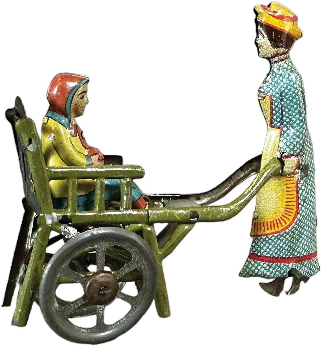 MEIER NANNY PUSHING STROLLER PENNY TOY: 1203. MEIER NANNY PUSHING STROLLER PENNY TOY | Germany. | 3" l. | (Excellent Condition) | $150 - $300