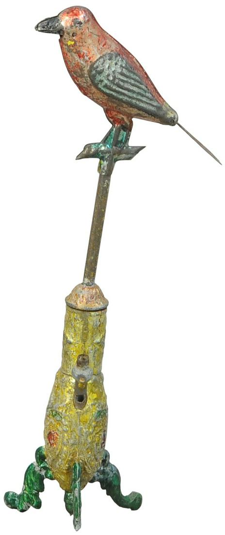 FRENCH BIRD ON PERCH WHISTLE: 1354. FRENCH BIRD ON PERCH WHISTLE | France. | 7.5" h. | Missing a piece of one leg on perch, otherwise in All Original Condition. | $150 - $300