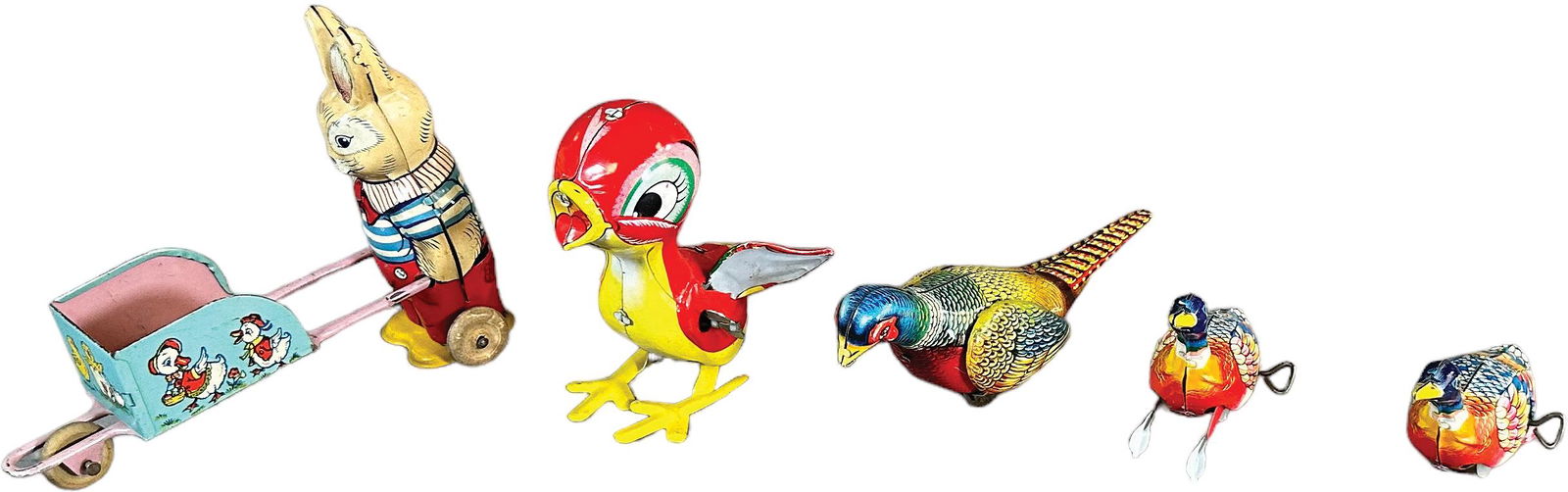 GROUPING OF FIVE TIN WINDUP BIRDS & BUNNY (1 of 4)
