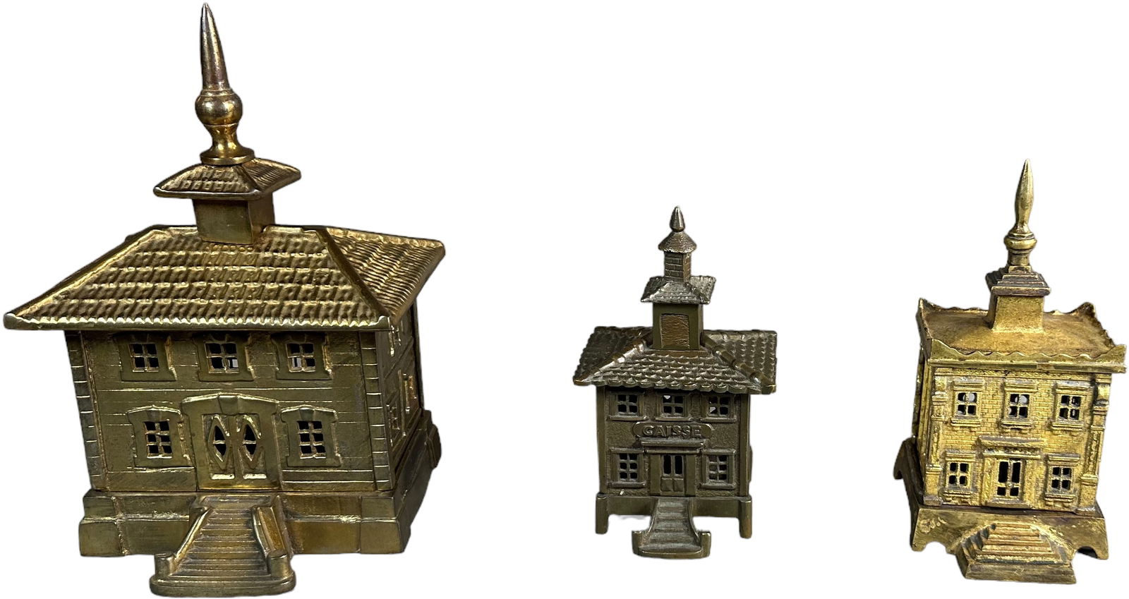 BRASS CAISSE & TWO ORNATE BUILDING STILL BANKS (1 of 6)