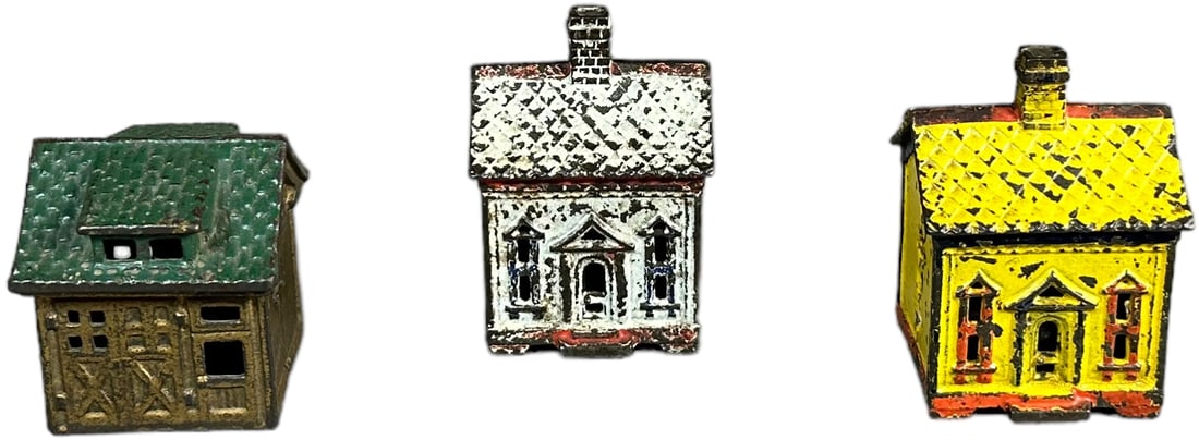 THREE SMALL PAINTED BUILDING STILL BANKS (1 of 4)