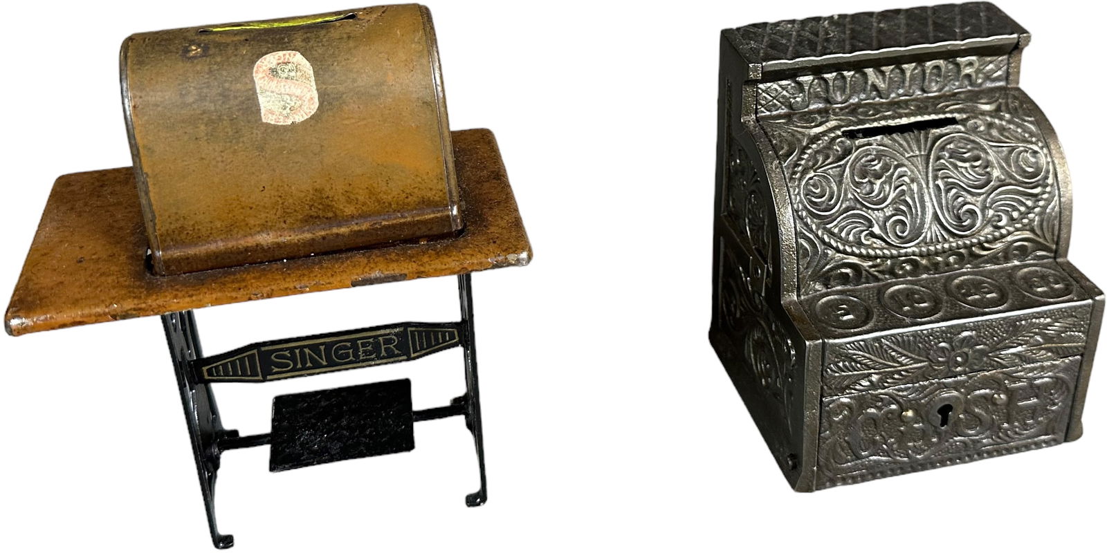 TIN SEWING MACHINE W/ IRON CASH REGISTER BANK (1 of 4)