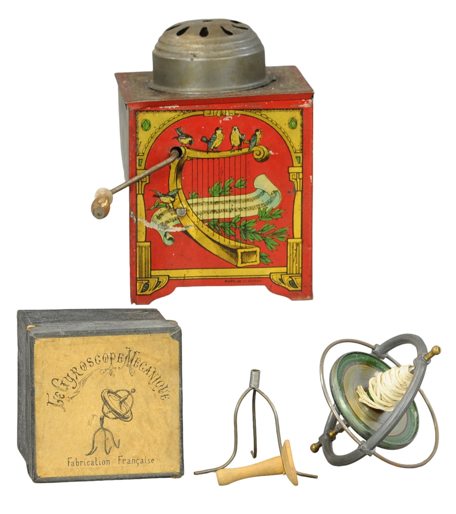 BOXED FRENCH GYROSCOPE W/GERMAN ORGAN: 237. BOXED FRENCH GYROSCOPE W/GERMAN ORGAN 7" h. All Original Condition. $75 - $150 Condition All Original Condition.