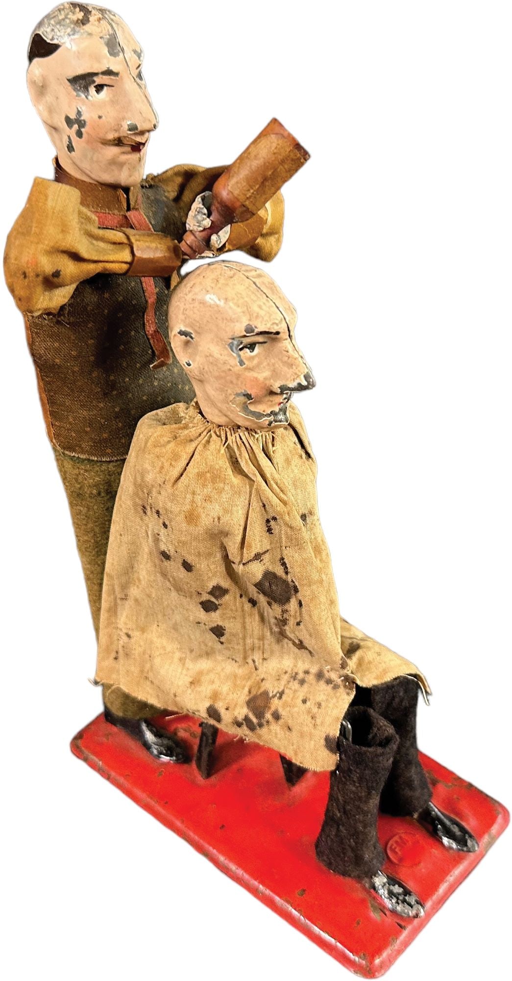 FERNAND MARTIN BARBER: 155. FERNAND MARTIN BARBER | c. 1904, "L'Artiste Capillaire," wind-up action of barber pouring shaving cream and spreading it onto customers bald head. | 7" h. | All original in (Very Good Condition)