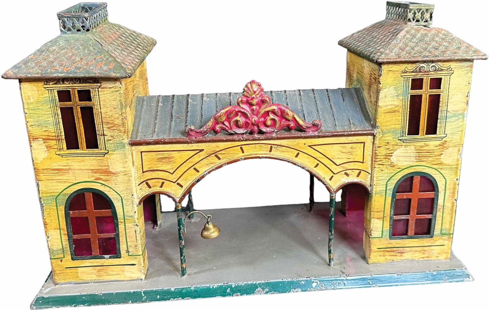 EARLY BING HAND PAINTED STATION: 420. EARLY BING HAND PAINTED STATION | Gauge 1, hand painted. | 13" l. | Bell and roof ornament reattached, one post loose from roof (Excellent Condition) | $600 - $900