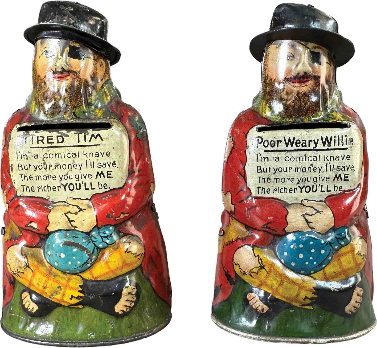 POOR WEARY WILLIE & TIRED TIM TIN BANKS: 1269. POOR WEARY WILLIE & TIRED TIM TIN BANKS | Germany, circa 1910-1915. | 5" h. | Brim of Willies hat is expertly replaced, otherwise both in overall (Very Good to Excellent Condition) | $300 - $600