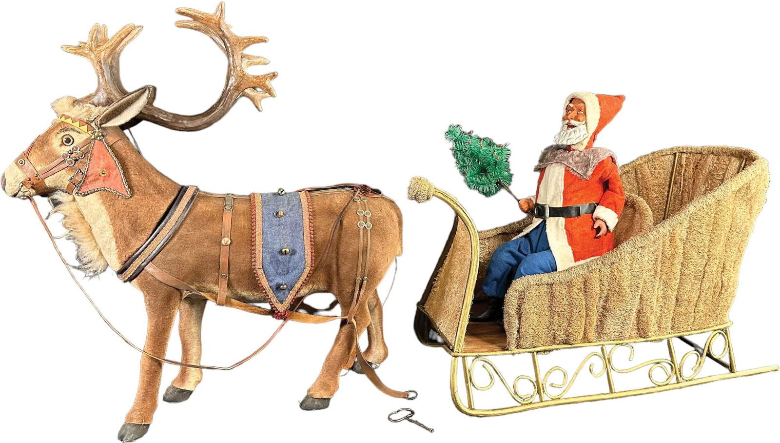 HUGE CLOCKWORK SANTA IN MOSS SLEIGH W/ REINDEER (1 of 12)