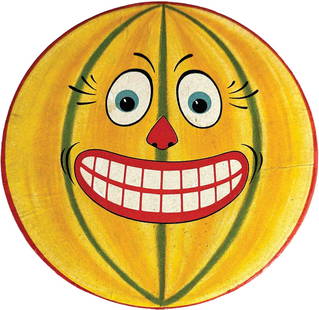 LARGE JACK-O-LANTERN CANDY CONTAINER: 42. LARGE JACK-O-LANTERN CANDY CONTAINER | Wonderful face with Veggie man and black cat figure on the sides, cellophane insert with pumpkin diecuts inside. | 7" w. | (Pristine Condition) | $1,500 - $2