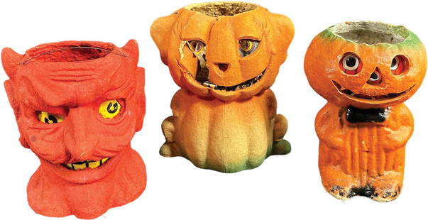 THREE EGG CARTON HALLOWEEN LANTERNS: 54. THREE EGG CARTON HALLOWEEN LANTERNS | 6.5" - 7.5" h. | Devil head is in great condition, pumpkin head insert is not correct, ghoul head has been crushed, ranging from (Very Good to Excellent Condi