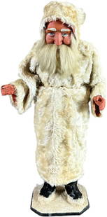 WHITE MOHAIR COAT SANTA CANDY CONTAINER: 66. WHITE MOHAIR COAT SANTA CANDY CONTAINER | Good face, goat hair beard and hair, peers from his hood, very clean and complete robe, large candy tube inside body. | 17.5" h. | All original in (Excell