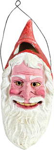 LARGE GERMAN SANTA HEAD LANTERN: 69. LARGE GERMAN SANTA HEAD LANTERN | Wonderful molding and a very large size, extremely detailed beard and facial expression, a rare buying opportunity. | 10" l. | Age related patina, eye and mouth i