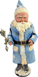 BLUE ROBE SANTA CANDY CONTAINER: 207. BLUE ROBE SANTA CANDY CONTAINER | 16" h. | Upper candy tube torn, beard and belt are replaced, repair to legs, (Very Good Condition) | $800 - $1,200