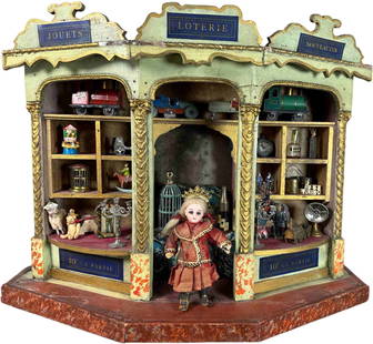 BEAUTIFUL GERMAN TOY STORE DISPLAY: 246. BEAUTIFUL GERMAN TOY STORE DISPLAY | Originally listed as Gottschalk incorrectly, early German maker, possibly Christian Hacker. | 15" h. | Crack to one top finial and to side of base, otherwise