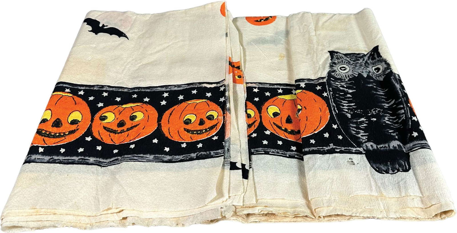 DENNISON HALLOWEEN TABLECLOTH: 363. DENNISON HALLOWEEN TABLECLOTH | 7' long | Very slight tears to edges of table covering with minor damage, overall (Excellent Condition) | $150 - $250