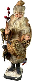 SANTA HOLDING BASKET CANDY CONTAINER: 445. SANTA HOLDING BASKET CANDY CONTAINER | 12" h. | Touch up to tip of nose and at boots, (Very Good Condition) | $600 - $900
