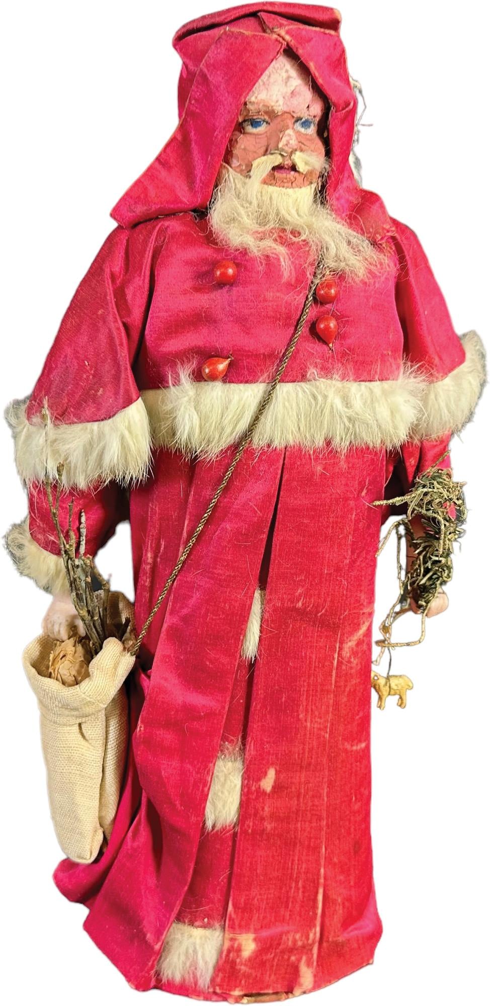SANTA CANDY CONTAINER W/ PORCELAIN HANDS: 1151. SANTA CANDY CONTAINER W/ PORCELAIN HANDS | 15" h. | Significant wear to face, G(Very Good Condition) | $300 - $500 Condition Significant wear to face, G(Very Good Condition)