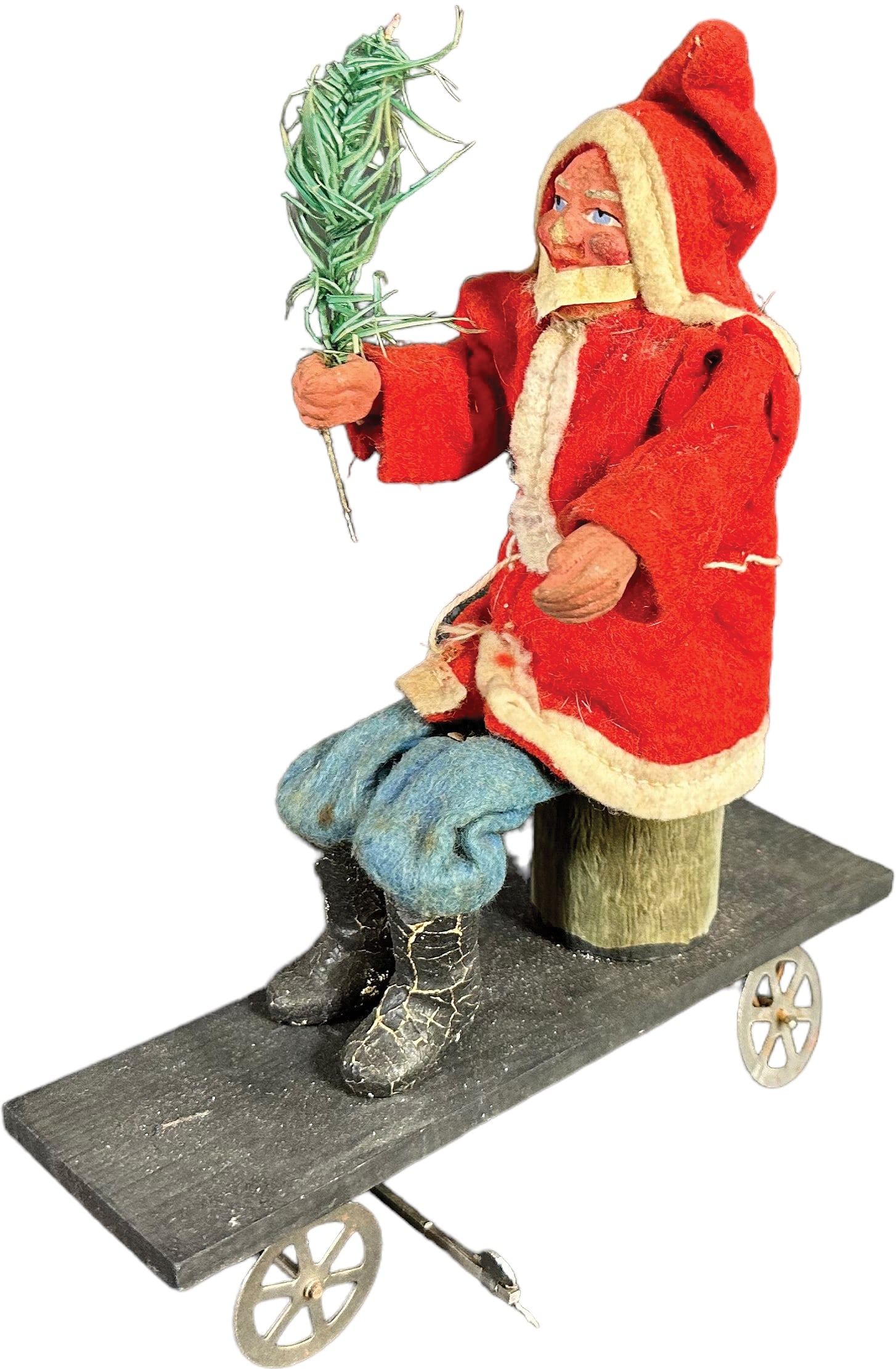 SANTA SITTING ON WIND-UP LOG CART: 1059. SANTA SITTING ON WIND-UP LOG CART | 8.5" h. | Platform is likely contemporary, chip to tip of Santa's nose, wear to clothes, (Very Good Condition) | $300 - $500 Condition Platform is likely cont