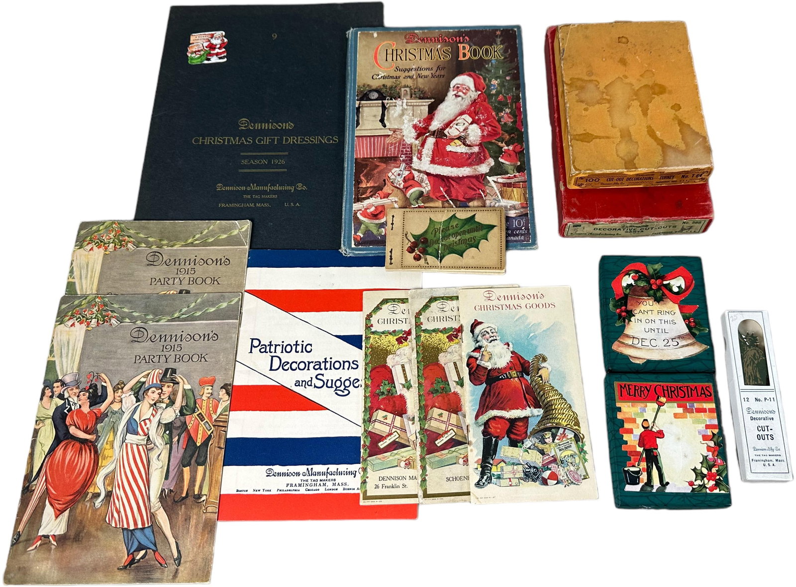 LOT OF CHRISTMAS DENNISON: 1052. LOT OF CHRISTMAS DENNISON | 13" h. | Minor water damage to turkey die-cuts box, one "do not open til xmas" tag is torn, (Very Good to Excellent Condition) | $200 - $400 Condition Minor water dam