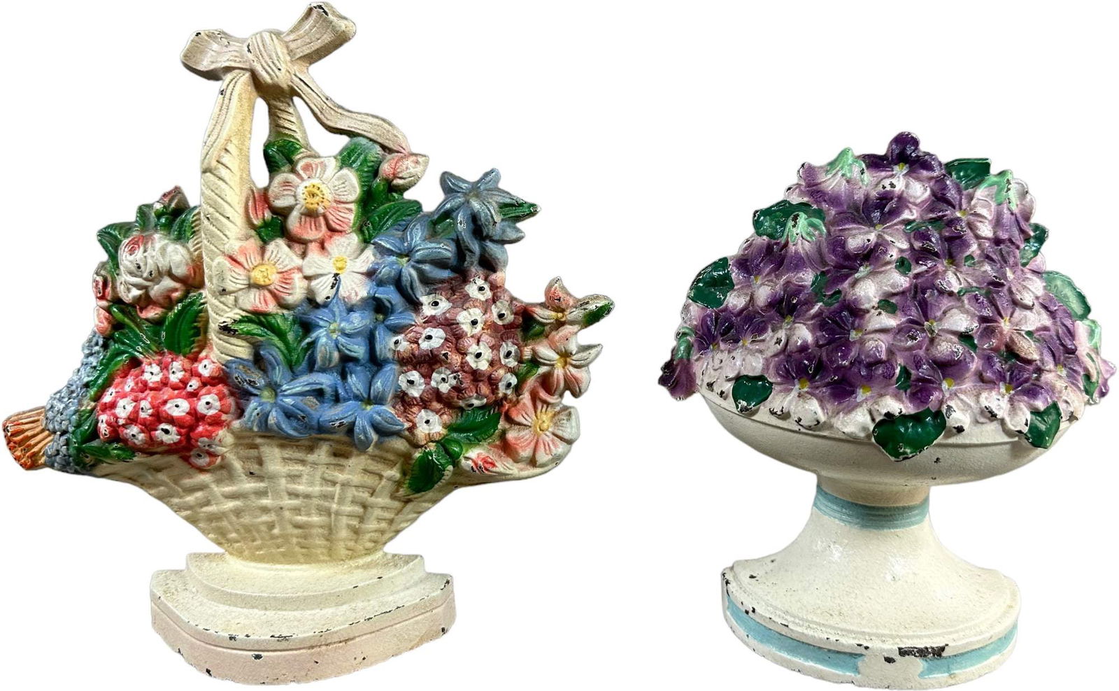 HUBLEY VIOLET BOWL & WILD ROSES DOORSTOPS: 103. HUBLEY VIOLET BOWL & WILD ROSES DOORSTOPS | Marked "425" and "9". | 7" h. | (Excellent to Pristine Condition) | $150 - $300
