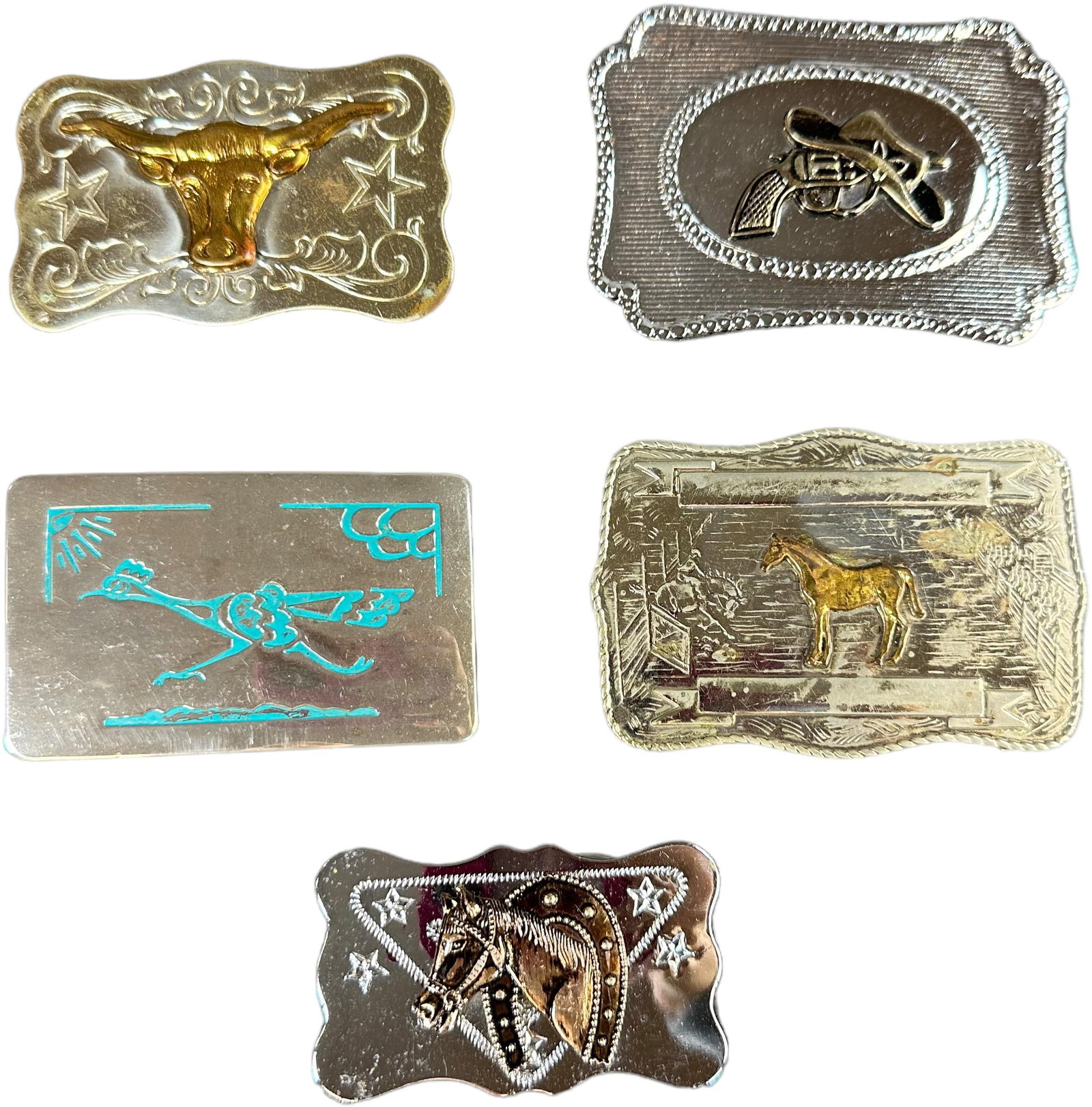 LOT OF FIVE WESTERN BELT BUCKLES: 346. LOT OF FIVE WESTERN BELT BUCKLES | 3.5" l. | (Excellent Condition) | $75 - $150