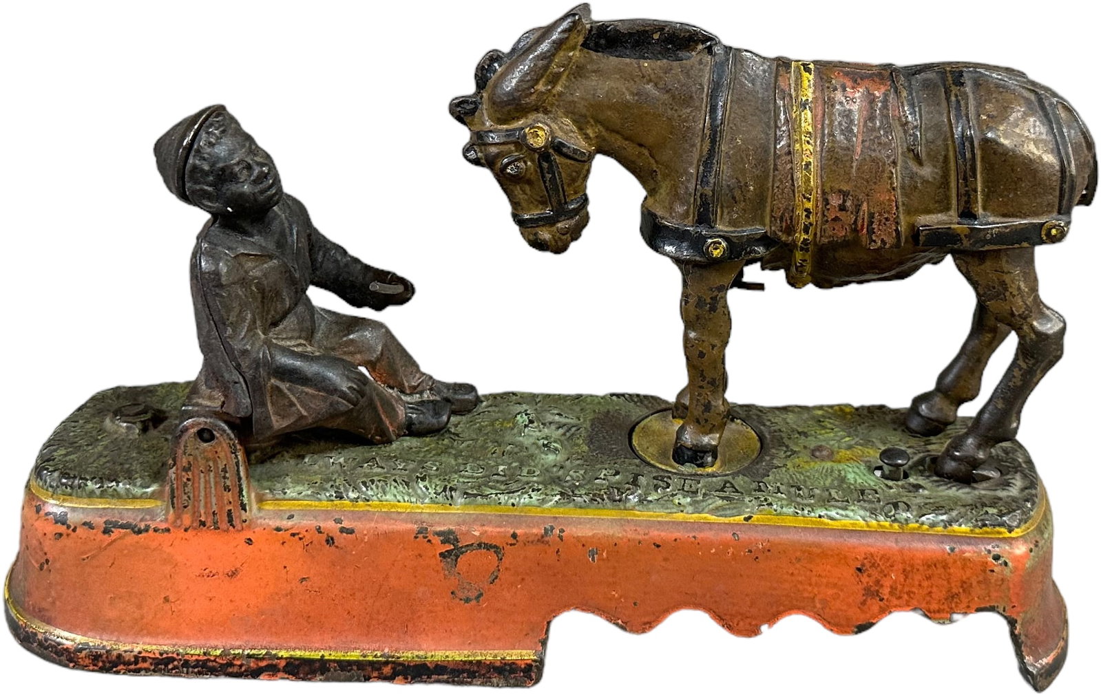 SPISE A MULE - BENCH MECHANICAL BANK: 472. SPISE A MULE - BENCH MECHANICAL BANK | J&E Stevens Co. | 10" l. | Small chip near screw that holds bench and tail missing on mule, (Very Good Condition) | $150 - $300