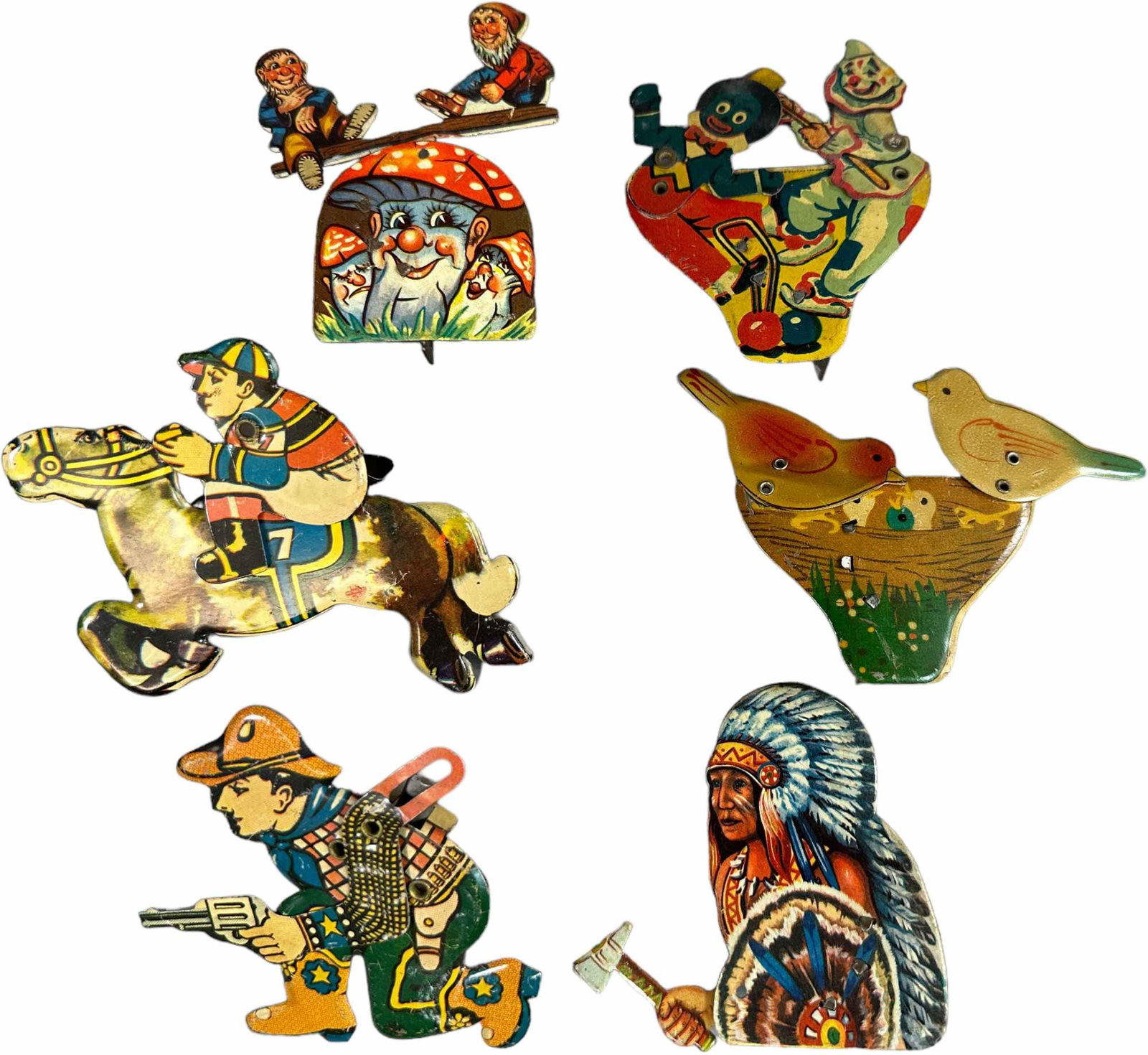 SIX TIN CLICKER HAND TOYS: 64. SIX TIN CLICKER HAND TOYS | 4" h. | (Excellent Condition) | $100 - $200
