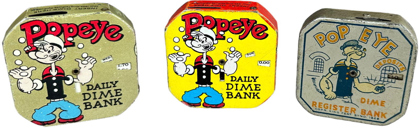 THREE CHEIN POPEYE DIME REGISTERING BANKS (1 of 2)