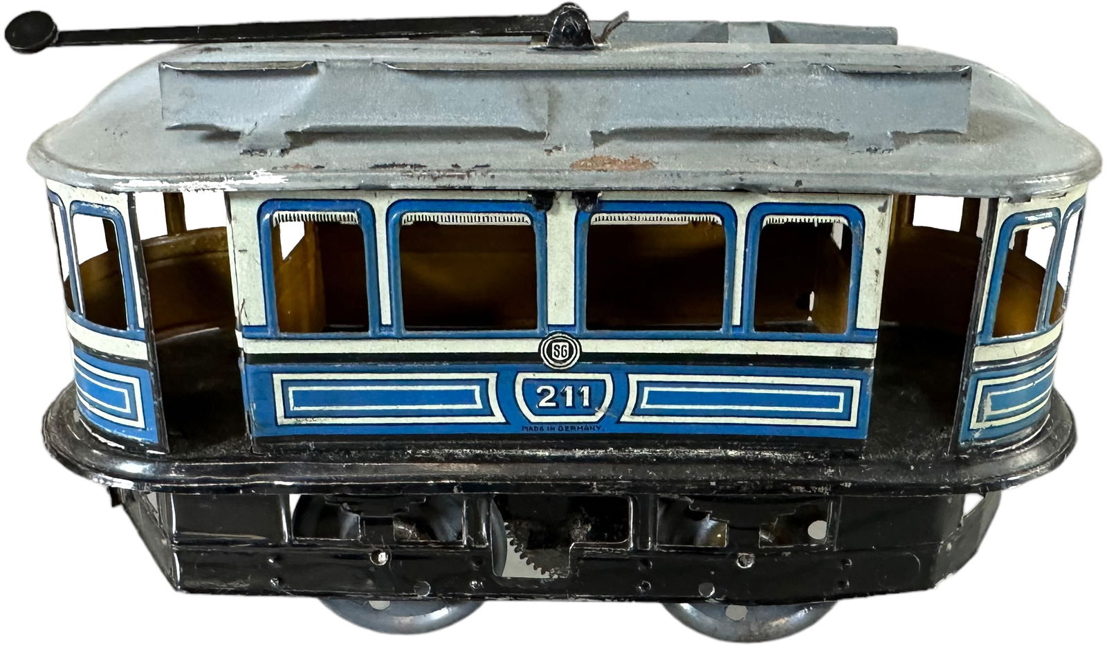 GUNTHERMANN FLOOR TROLLEY: 465. GUNTHERMANN FLOOR TROLLEY | Windup, litho. | 7" l. | Catenary pole replaced, otherwise (Excellent Condition) | $150 - $300