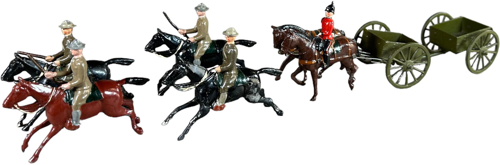 BRITAINS US CAVALRY & SERVICE WAGON: 545. BRITAINS US CAVALRY & SERVICE WAGON | Four US Cavalry Troops with rifles, together with #1330 Royal Engineers Limbored Wagon. | 54mm | One missing rifle, (Very Good to Excellent Condition) | $150