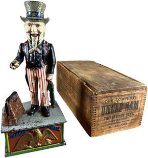 UNCLE SAM MECHANICAL BANK W/ BOX: 32. UNCLE SAM MECHANICAL BANK W/ BOX | Shepard Hardware Co., he is certainly one of the most popular mechanical banks and has a very wide appeal, a standing Uncle Same drops the coin deposit from his