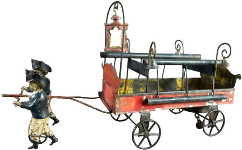 ALTHOF BERGMANN FIREMEN LADDER WAGON: 170. ALTHOF BERGMANN FIREMEN LADDER WAGON | Early American tin fire wagon drawn by firemen are very early and hard to come by, circa 1870, depicts two walking firemen pulling an ornate fire ladder wag