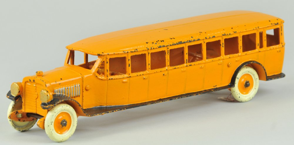 KENTON INTERURBAN BUS: Large size, painted in orange body and black trimmed running boards, seated driver, a fabulous color scheme and condition, white painted disc wheels with orange centers, exceptional example. Ex. Donal