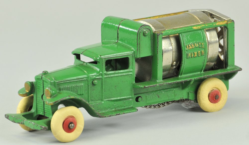 KENTON "JAEGER" CEMENT MIXER TRUCK: circa. 1930's, an exceptional example, cast iron, painted in green overall, gold trimmed open frame, contains nickel plated rotary concrete mixer drum, rubber tires, seated driver, chain drive articul