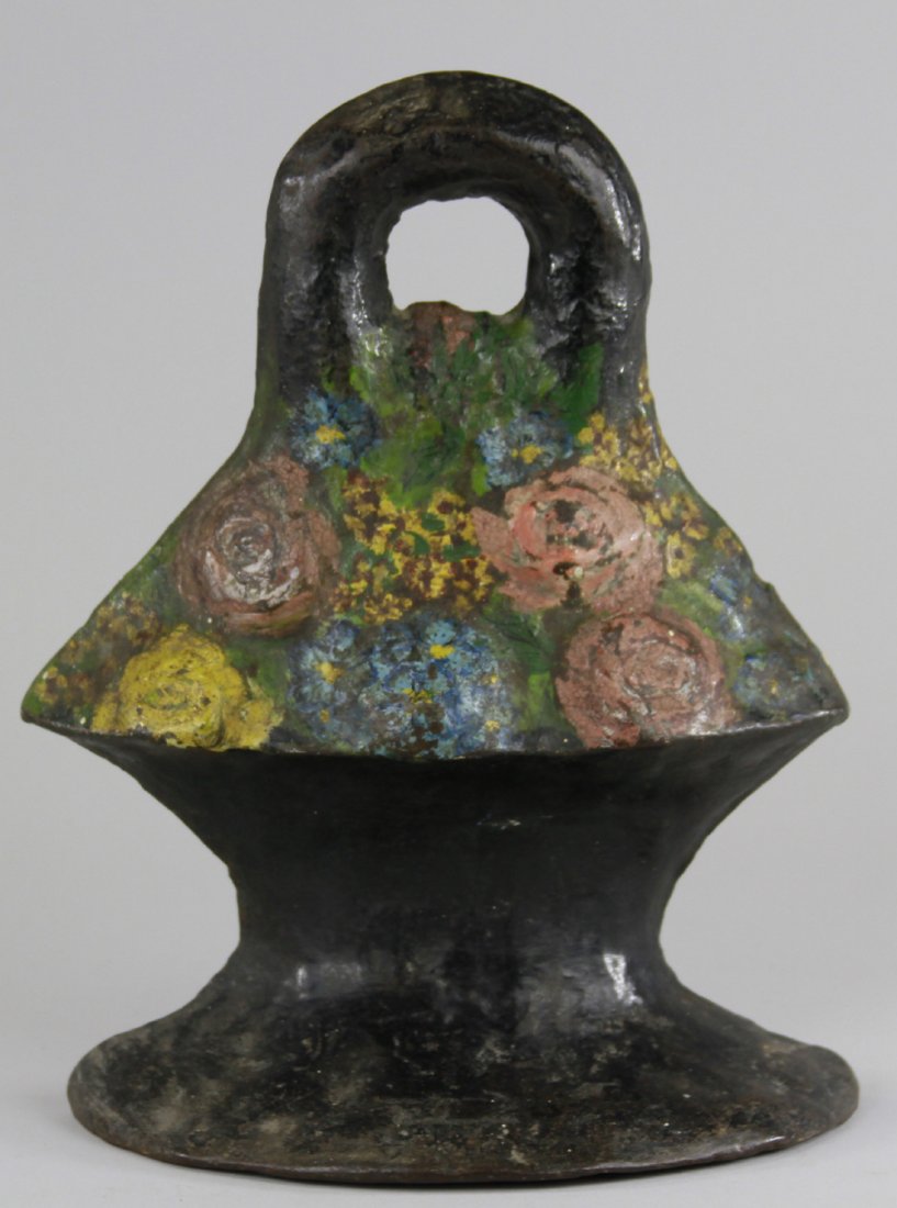 PRIMITIVE FLOWER BASKET W/HANDLE DOORSTOP: Artistically painted flowers in a smooth basket w/handle, very heavy, rare. 11" h.