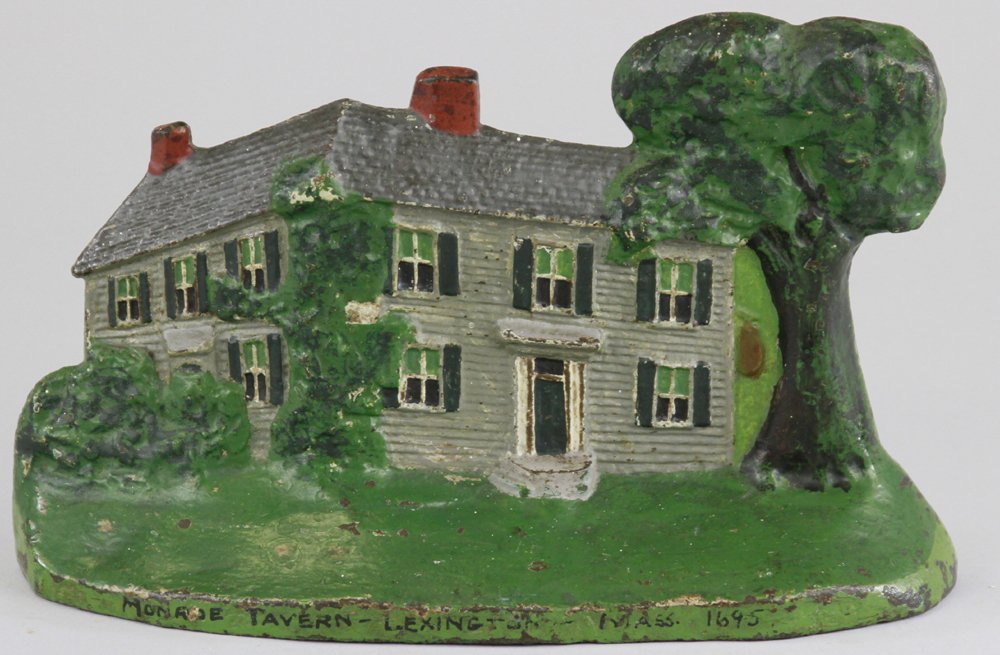 MONROE TAVERN DOORSTOP: Marked, "Monroe Tavern - Lexington Mass 1695," grey two story landmark building w/bright green landscape. The Monroe Tavern (1695) served as the British headquarters during the Revolutionary War, nice