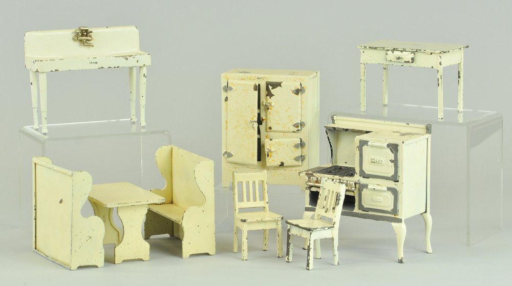 ARCADE KITCHEN FURNITURE LOT: Cast iron, all painted in white overall, includes: Boone table & two chairs, dining table w/hutch style bench seats, Gurney Ice box, Crane sink, and Roper stove. 3" - 5 3/4" h.
