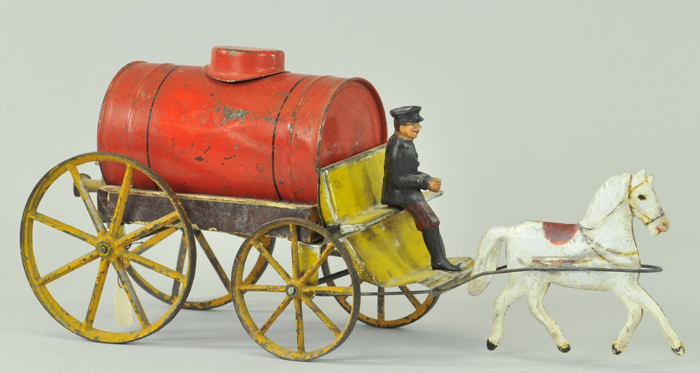 HORSE DRAWN WATER WAGON: Hand painted tin, done in red tank, yellow seating and spoke wheels, rear of tank reads, "ABC," features turn lever to release water from sprinkler, top fill cap opens, seated driver, chassis made of 