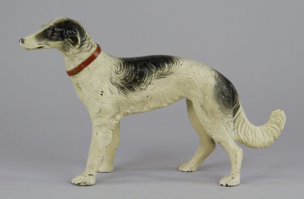 RUSSIAN WOLFHOUND DOORSTOP: Hubley, cast iron, full figured depiction of majestic wolfhound in attentive pose, detailed casting. 11 3/4" h.
