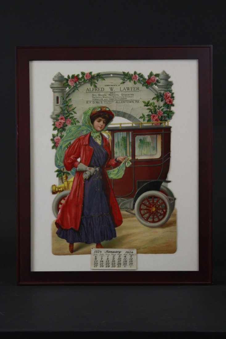1924 ALLENTOWN CALENDAR: Alfred Lawfer dealer to dry goods, and groceries, colorful lithography, girl depicted by early automobile, full pad. 12" x 16".