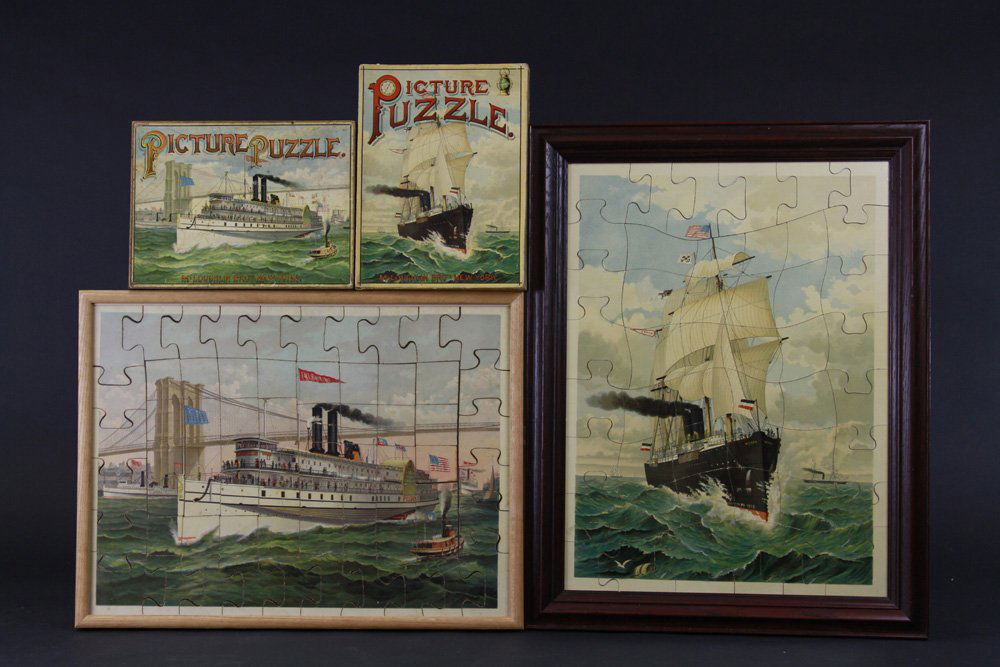 MCLOUGHLINS SS WERRA PUZZLE AND SAIL SHIP: Lithographed cardboard puzzle by McLoughlin Bros., New York; large scale puzzle celebrates the c. 1882 sailing ship, together with a picture puzzle of the Fall River Line, "Pilgrim" ship. Boxes 9" x 1