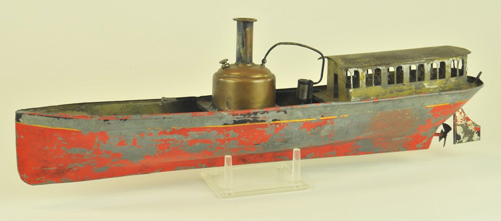 SCHOENNER LAUNCH: Steam powered vessel, c. 1898, hand painted tin, canopy cover for passengers, large boiler at center. 17 1/2" l.